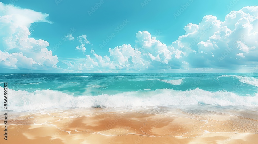 Fototapeta premium Serene beach scene with turquoise ocean waves crashing on a sandy shore under a vibrant blue sky with fluffy white clouds.