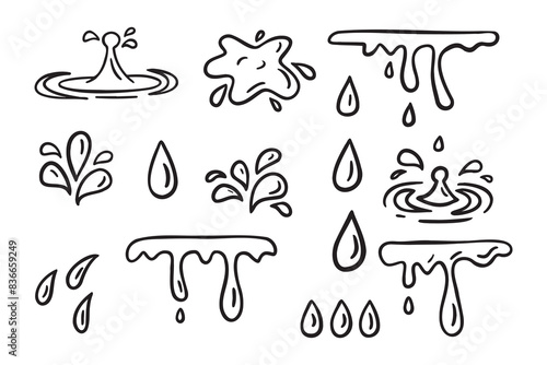 Water drops doodle icon sign. Decorative set Droplet splash symbol. Hand drawn ink sketch