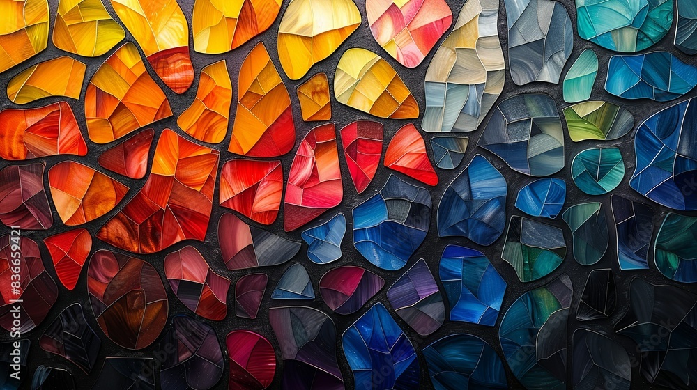 A mosaic of abstract shapes in vibrant colors, with a gradient overlay that adds depth and complexity. Minimal and Simple, A mosaic of abstract shapes in vibrant colors, with a gradient overlay that adds depth and complexity. Minimal and Simple,