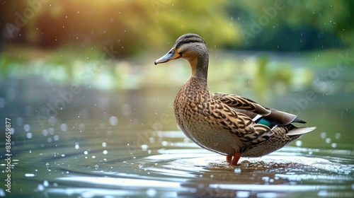 Duck with brown feathers alone at the park lake during summer