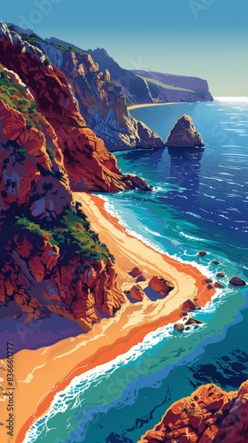 A digital illustration of a coastal beauty spot. Gentle waves lap at the shore, with vibrant yet minimalist hues depicting the ocean's depth. The coastline curves gracefully, framed by rocky cliffs photo