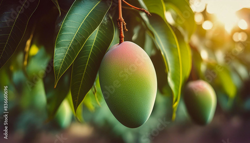 a close up of a mango tree with a green leaf. photo
