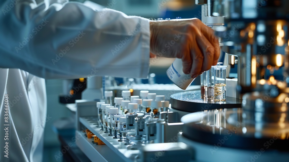 Close-up of the doctora??s hands connecting a water sample to a mass spectrometer. Close-up of the doctora??s hands connecting a water sample to a mass spectrometer.