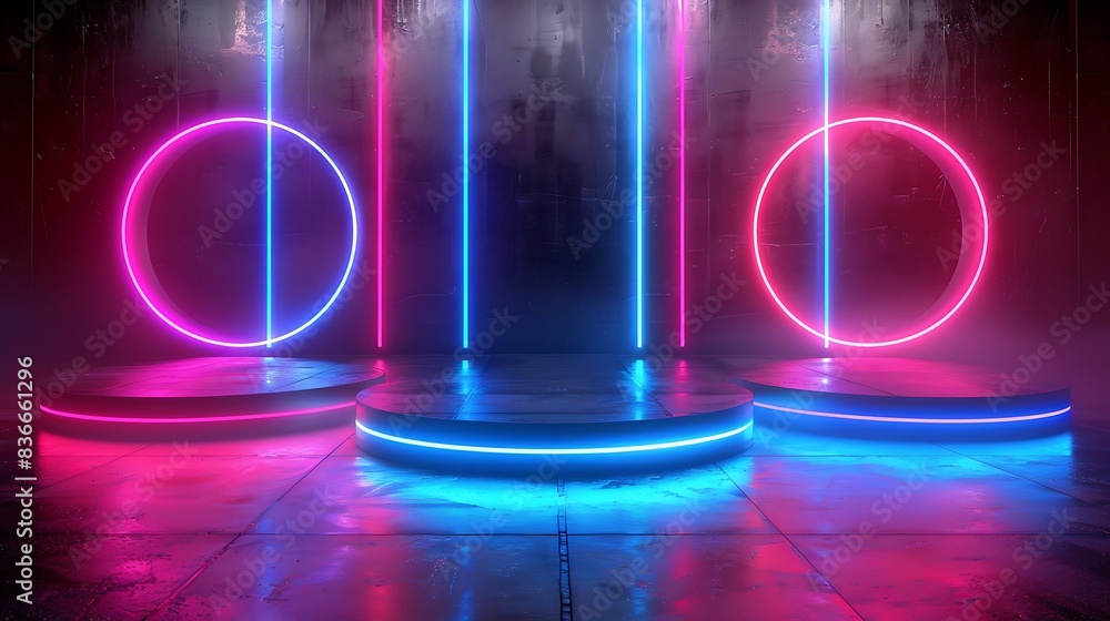 Futuristic podium background with neon accents and a digital display. Metallic surfaces and holographic elements. Bright, dynamic lighting creating a high-tech atmosphere Futuristic podium background with neon accents and a digital display. Metallic surfaces and holographic elements. Bright, dynamic lighting creating a high-tech atmosphere