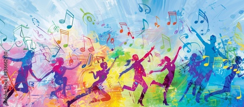 A vibrant watercolor illustration of musical notes and instruments