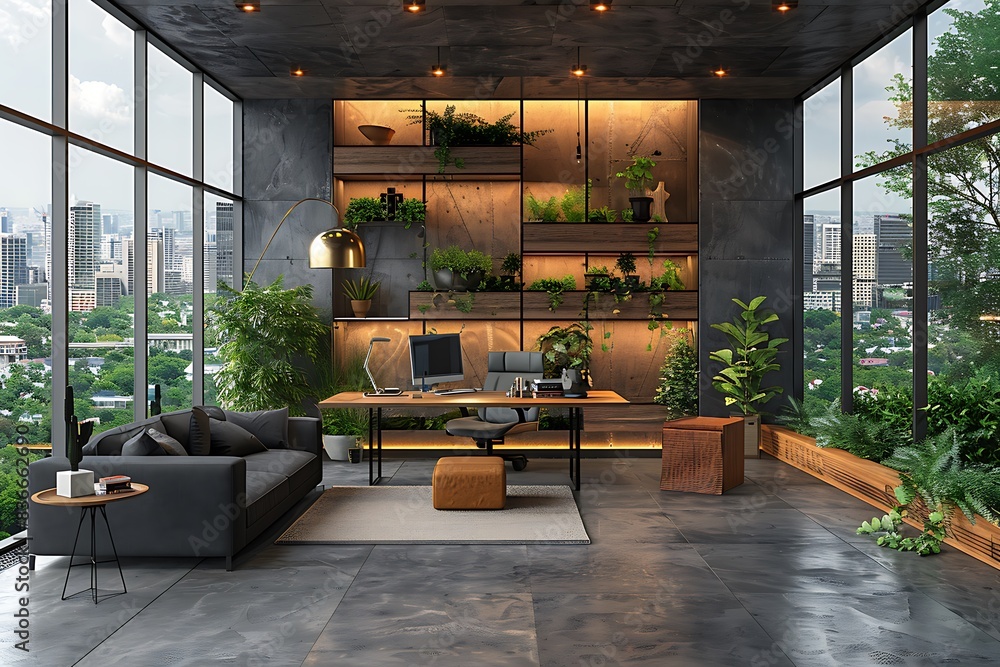 Modern office interior with panoramic windows overlooking the city, featuring dark gray concrete walls and wood accents for an elegant atmosphere. Modern office interior with panoramic windows overlooking the city, featuring dark gray concrete walls and wood accents for an elegant atmosphere.