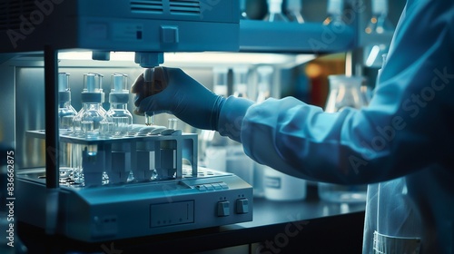 The doctora??s hand inserting a water sample into a chromatography machine.