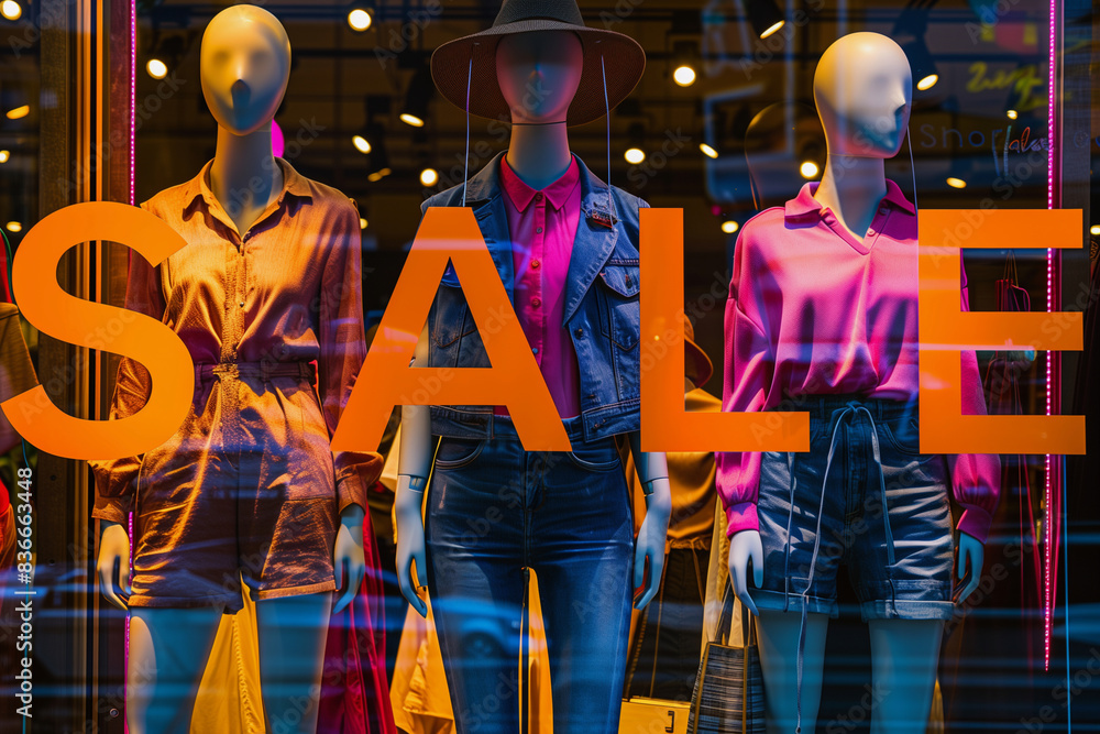 Obraz premium A display of mannequins in a store window with a sign that says Sale. The mannequins are dressed in various outfits, including shorts and tops. The display is colorful and eye-catching