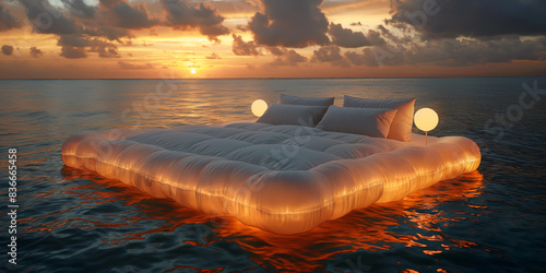 Bett mitten im Meer mit weißem Bettlaken photo