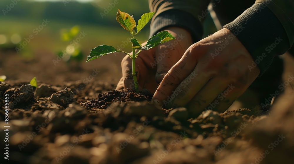 Fototapeta premium Hands planting a young seedling in the soil, symbolizing growth, sustainability, and agriculture in a natural outdoor setting.