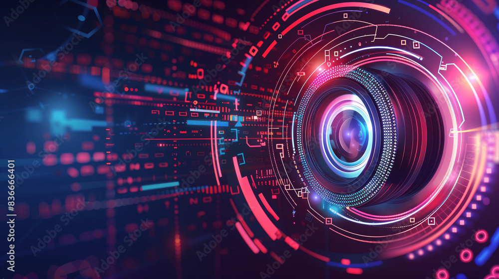 Obraz premium Futuristic Digital Camera Lens with Neon Lights