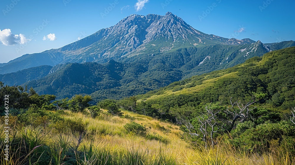 A serene mountain landscape with a clear blue sky, showcasing the grandeur and beauty of nature. Minimal and Simple, A serene mountain landscape with a clear blue sky, showcasing the grandeur and beauty of nature. Minimal and Simple,
