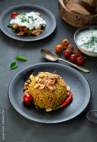 Yellow qudra rice, oriental Arabic food.