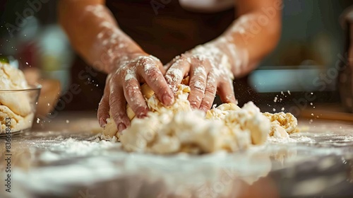 Close-up of a womans hands expertly kneading dough photo