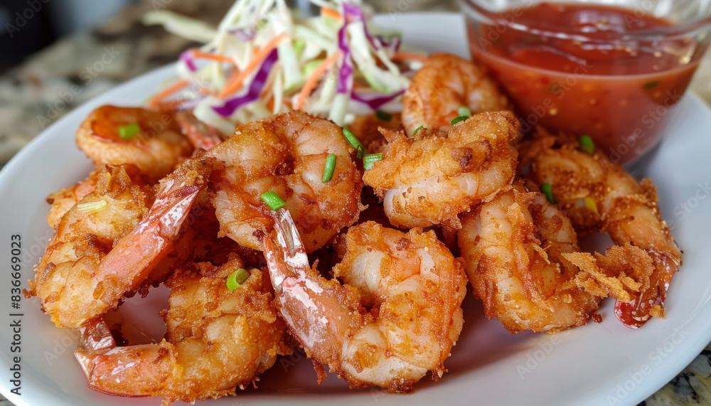 A plate of fried shrimp with a side of coleslaw and a dipping sauce A plate of fried shrimp with a side of coleslaw and a dipping sauce