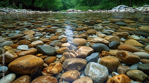 A detailed shot of a riverbed with smooth stones and clear water, emphasizing natural textures. Minimal and Simple,