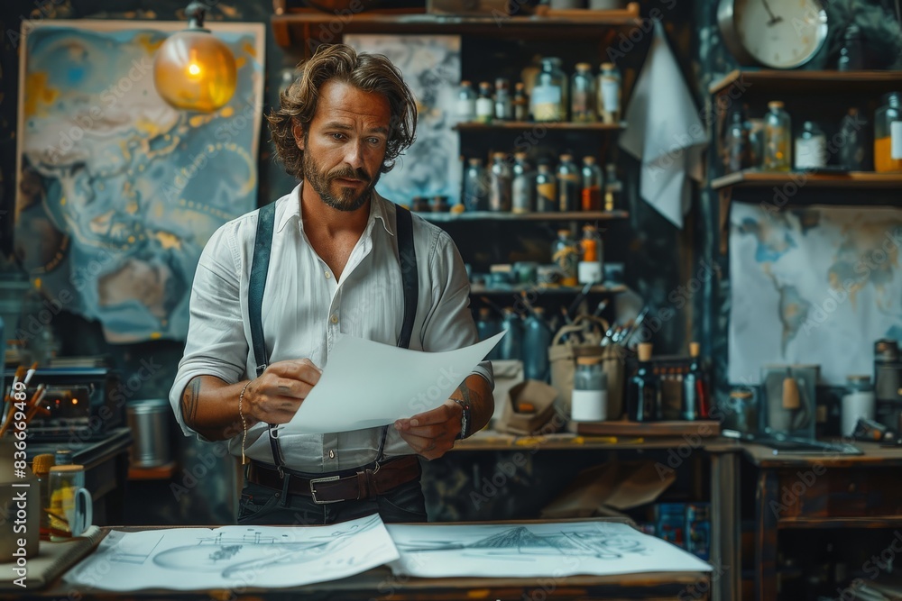 The image portrays a creative professional in a vintage artist studio The image portrays a creative professional in a vintage artist studio