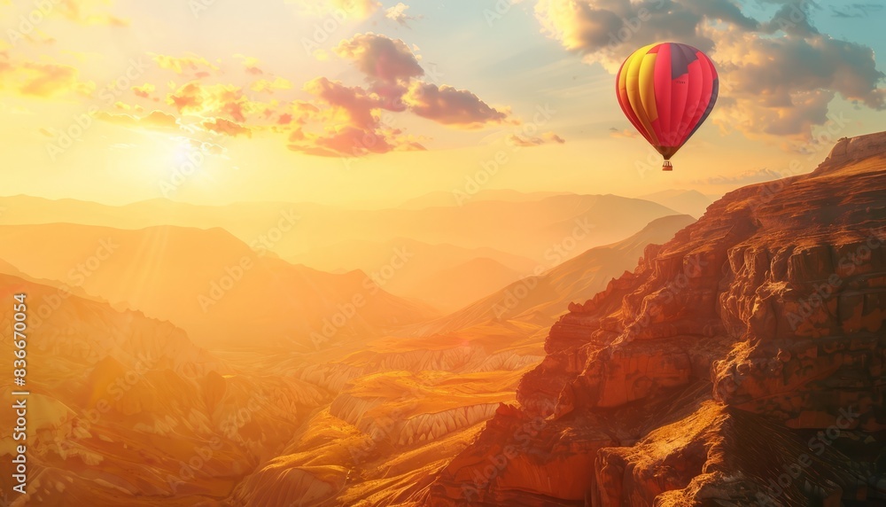 Fototapeta premium Sunset Serenity: A Vibrant Hot Air Balloon Journey Through the Rocky Cliff Valley