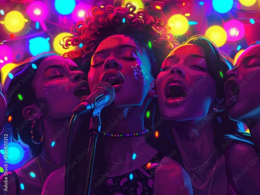 Illustrate a high-angle view of a vibrant karaoke scene with a group of diverse singers harmonizing under colorful LED lights Illustrate a high-angle view of a vibrant karaoke scene with a group of diverse singers harmonizing under colorful LED lights
