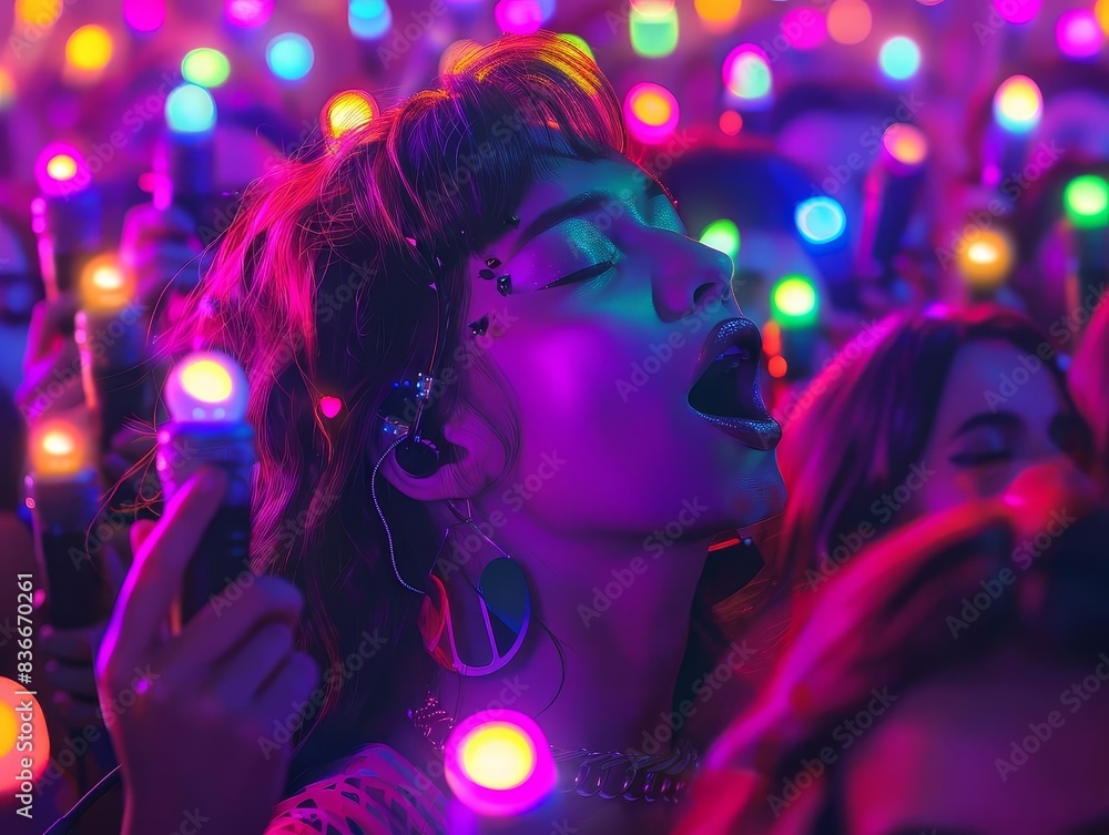 Illustrate a high-angle view of a vibrant karaoke scene with a group of diverse singers harmonizing under colorful LED lights Illustrate a high-angle view of a vibrant karaoke scene with a group of diverse singers harmonizing under colorful LED lights