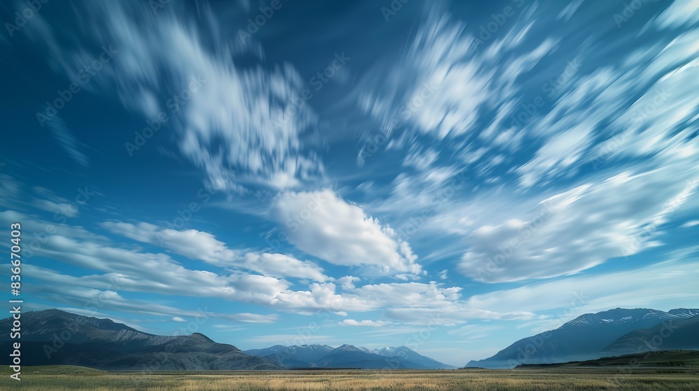 Obraz premium A long exposure shot of clouds over a grassy field.