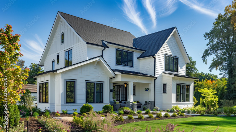 Front side corner view of a newly constructed craftsman style white house with navy accents, surrounded by a peaceful garden, blending modern and classic architecture. Front side corner view of a newly constructed craftsman style white house with navy accents, surrounded by a peaceful garden, blending modern and classic architecture.