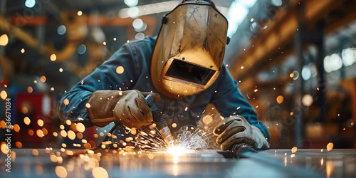 A woman is welding in workshop, operating welding machine, wearing protective clothing and a welding mask photo