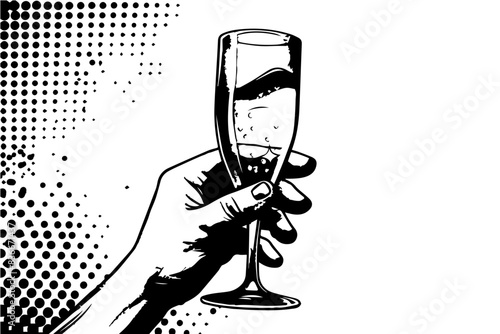 Hand holding champagne glass, halftone dots, celebration concept, monochrome