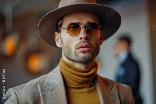 street portrait of a stylish man wearing a beige blazer, a turtleneck and a hat © Salander Studio