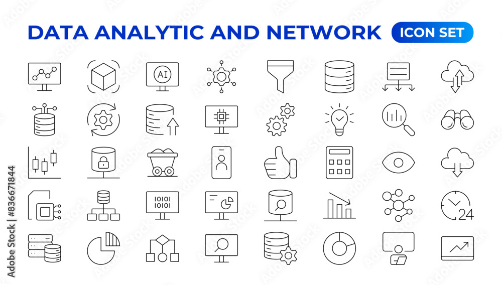 Big data analysis thin line icon set. Data processing outline pictograms for website and mobile app GUI. Digital analytics simple UI, UX vector icons