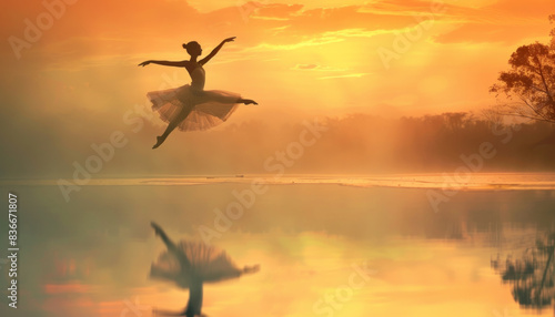 A woman in a white dress is leaping into the air