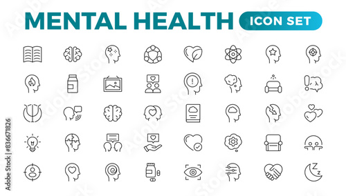 Mental health outline icon set. Containing depression, bipolar, PTSD, panic and mind disorder icons. Psychology solid symbol illustration.