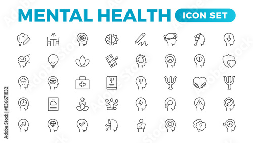 Mental health outline icon set. Containing depression, bipolar, PTSD, panic and mind disorder icons. Psychology solid symbol illustration.