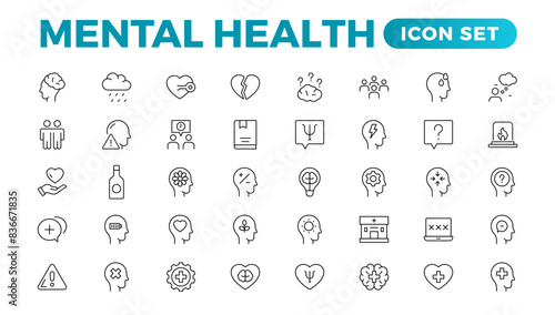 Mental health outline icon set. Containing depression, bipolar, PTSD, panic and mind disorder icons. Psychology solid symbol illustration.
