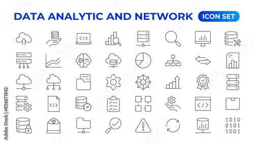 Big data analysis thin line icon set. Data processing outline pictograms for website and mobile app GUI. Digital analytics simple UI, UX vector icons