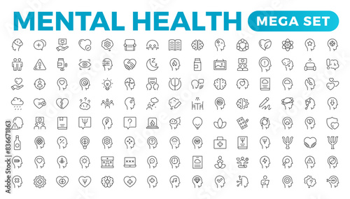 Mental health outline icon set. Containing depression, bipolar, PTSD, panic and mind disorder icons. Psychology solid symbol illustration.