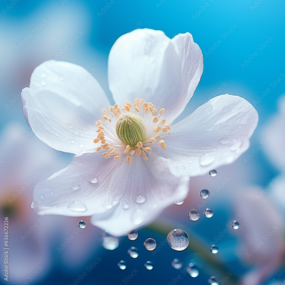 Delicate white anemone flower in full bloom with water drops floating around against a blurred blue background Perfect for spring and summer themed projects Delicate white anemone flower in full bloom with water drops floating around against a blurred blue background Perfect for spring and summer themed projects