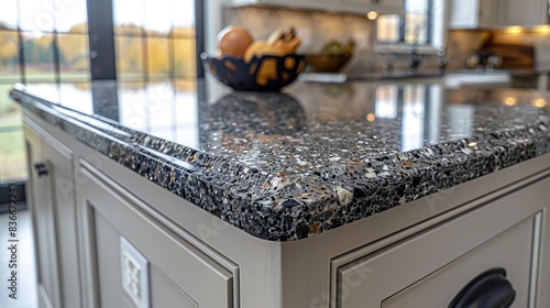 Close-up of a granite countertop with shimmering specks and natural variations, providing a high-end feel. Minimal and Simple,