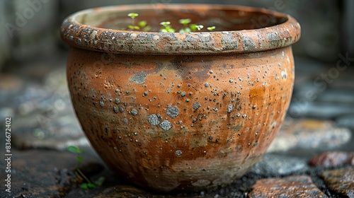 Textured surface of a clay pot, showcasing the natural imperfections and craftsmanship. Minimal and Simple, © DARIKA