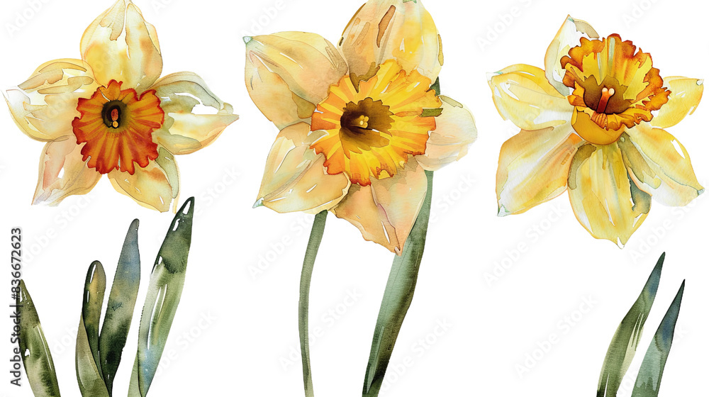 Vibrant Watercolor Collection of Freesia Flowers on White Background Vibrant Watercolor Collection of Freesia Flowers on White Background