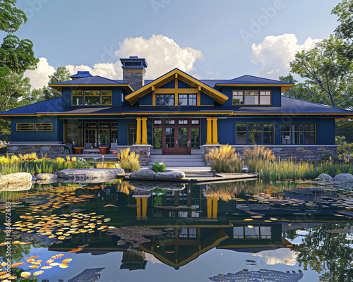 Front view of a newly constructed craftsman style sapphire house with yellow accents, by a tranquil pond.