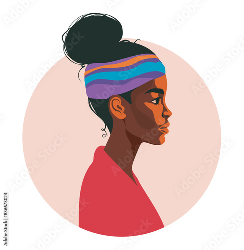 Vector icon African American Afro woman with headscarf standing sideways for social network. Activist. feminism. Portrait. Vector flat illustration. Simple style