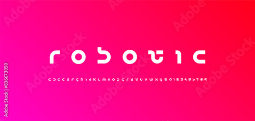 Abstract technology science bold font, digital cyber space alphabet made futuristic style, thick lowercase letters A-Z and Arab numerals 0-9 space style