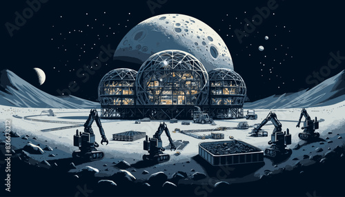 Conceptual image of a robotic lunar base construction. 
Vector illustration.