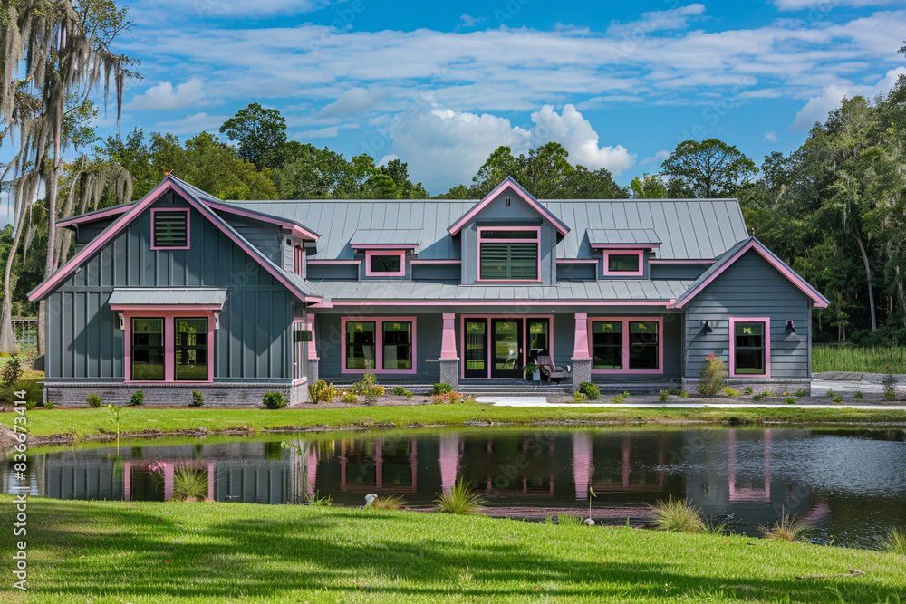Front view of a newly constructed craftsman style steel gray house with pink accents, by a serene lake. Front view of a newly constructed craftsman style steel gray house with pink accents, by a serene lake.