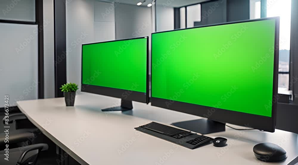 Sleek green screen computer in an empty business office, offering endless mock-up possibilities for apps and designs Sleek green screen computer in an empty business office, offering endless mock-up possibilities for apps and designs