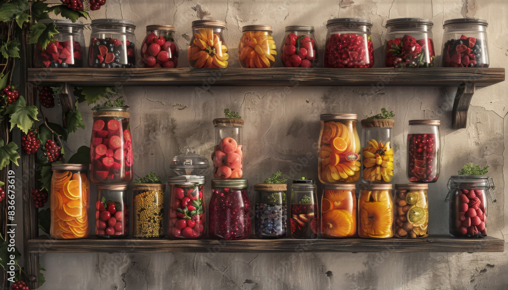 A shelf full of glass jars with various fruits and vegetables inside A shelf full of glass jars with various fruits and vegetables inside