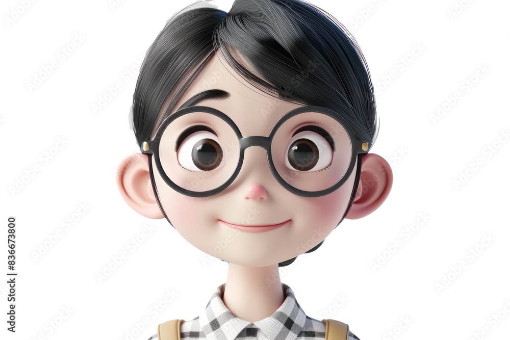 Cute animated character with large glasses and a checkered shirt, smiling brightly. Perfect for educational or children's content. Cute animated character with large glasses and a checkered shirt, smiling brightly. Perfect for educational or children's content.