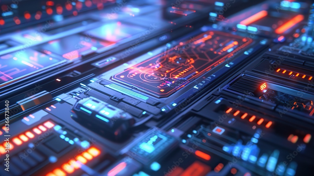 Close up of a circuit board with a blue and red design. The blue and red colors give the impression of a futuristic, high-tech environment. The circuit board is made up of many small components Close up of a circuit board with a blue and red design. The blue and red colors give the impression of a futuristic, high-tech environment. The circuit board is made up of many small components