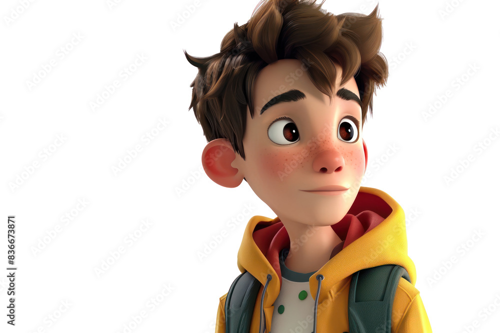 3D-rendered image of a young animated boy with brown hair, wearing a yellow hoodie and looking thoughtfully to the side. 3D-rendered image of a young animated boy with brown hair, wearing a yellow hoodie and looking thoughtfully to the side.